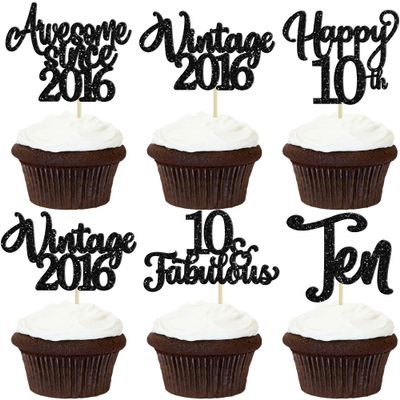 30Pcs Happy 10th Birthday Cupcake Toppers Glitter Ten Vintage 2016 Cupcake Picks Cheers to 10 Fabulous Cake Decorations for 10th Birthday Wedding Anniversary Party Supplies Black