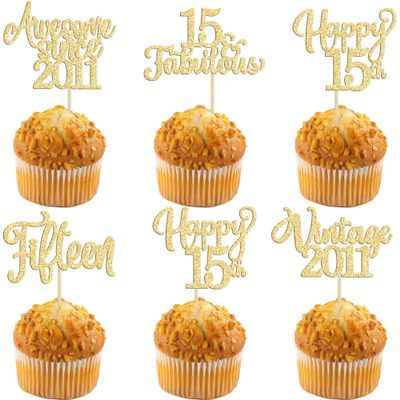 30Pcs Vintage 2010 Cupcake Toppers Glitter Fifteen Happy 15th Birthday 15 Fabulous Cupcake Picks Cheers to 15 Years for 15th Birthday Wedding Anniversary Party Cake Decorations Supplies Gold
