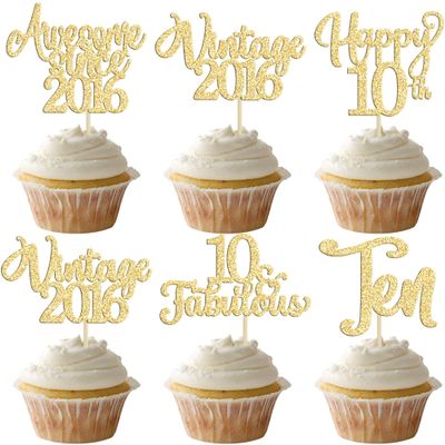 30Pcs Vintage 2016 Cupcake Toppers Glitter Happy 10th Birthday 10 Fabulous Cupcake Picks Cheers to 10 Years for 10th Birthday Wedding Anniversary Party Cake Decorations Supplies Gold