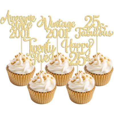 30Pcs Vintage 2001 Cupcake Toppers Glitter Twenty-Five Happy 25th Birthday 25 Fabulous Cupcake Picks Awesome Since 2001 Cake Decorations for 25th Birthday Anniversary Retirement Party Supplies Gold