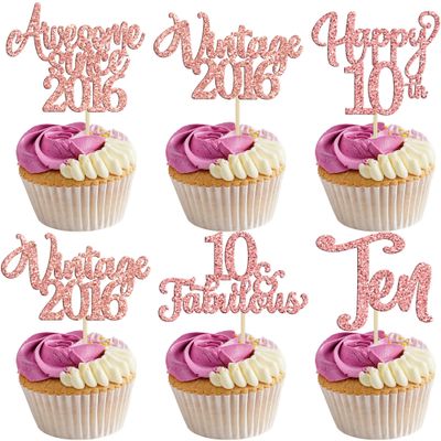 30Pcs Vintage 2016 Cupcake Toppers Glitter Ten 10 Fabulous Happy 10th Birthday Cupcake Picks Cheers to 10 Years for 10th Birthday Anniversary Party Cake Decorations Supplies Rose Gold
