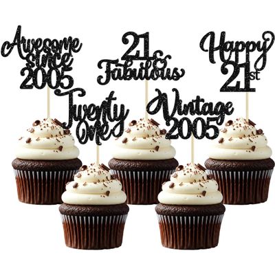 30Pcs Happy 21st Birthday Cupcake Toppers Glitter Awesome Since 2005 Twenty-one 21 Fabulous Vintage 2005 Cupcake Picks for 21st Birthday Anniversary Retirement Party Cake Decorations Supplies Black