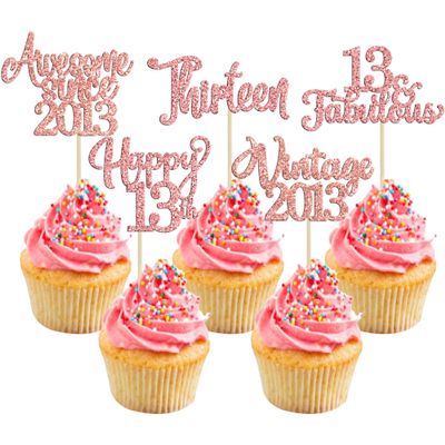 30Pcs Vintage 2013 Cupcake Toppers Glitter Thirteen 13 Fabulous Happy 13th Birthday Cupcake Picks Cheers to 13 Years for 13th Birthday Anniversary Party Cake Decorations Supplies Rose Gold