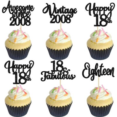 30Pcs Happy 18th Birthday Cupcake Toppers Glitter Eighteen Vintage 2008 Cupcake Picks Cheers to 18 Fabulous Cake Decorations for 18th Birthday Wedding Anniversary Party Supplies Black