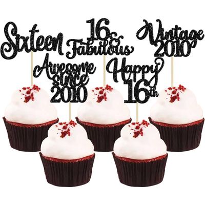30Pcs Happy 16th Birthday Cupcake Toppers Glitter Sixteen Vintage 2010 Cupcake Picks Cheers to 16 Fabulous Cake Decorations for 16th Birthday Wedding Anniversary Party Supplies Black