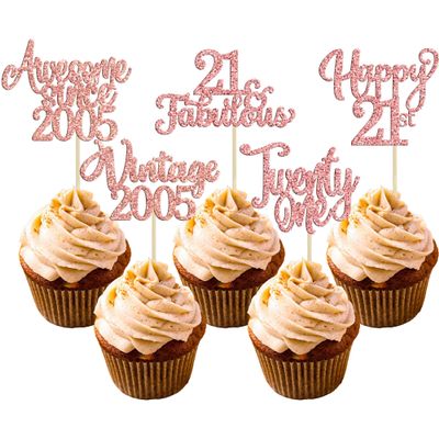 30Pcs Vintage 2005 Cupcake Toppers Glitter Twenty-one 21 Fabulous Happy 21st Birthday Cupcake Picks Cheers to 21 Years for 21st Birthday Anniversary Party Cake Decorations Supplies Rose Gold