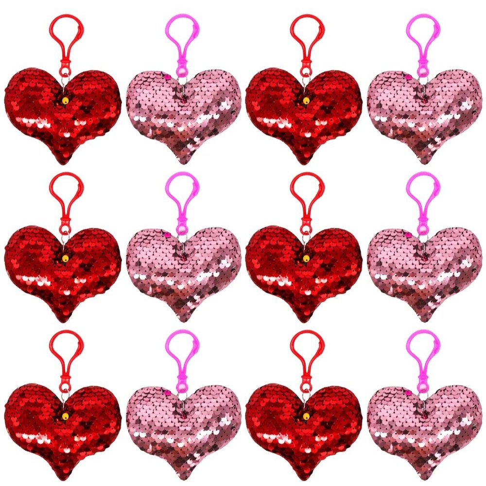 9cm Red & Gold Flip Sequin Plush Heart with Clip - Pack of 12, Party Favor and Decoration