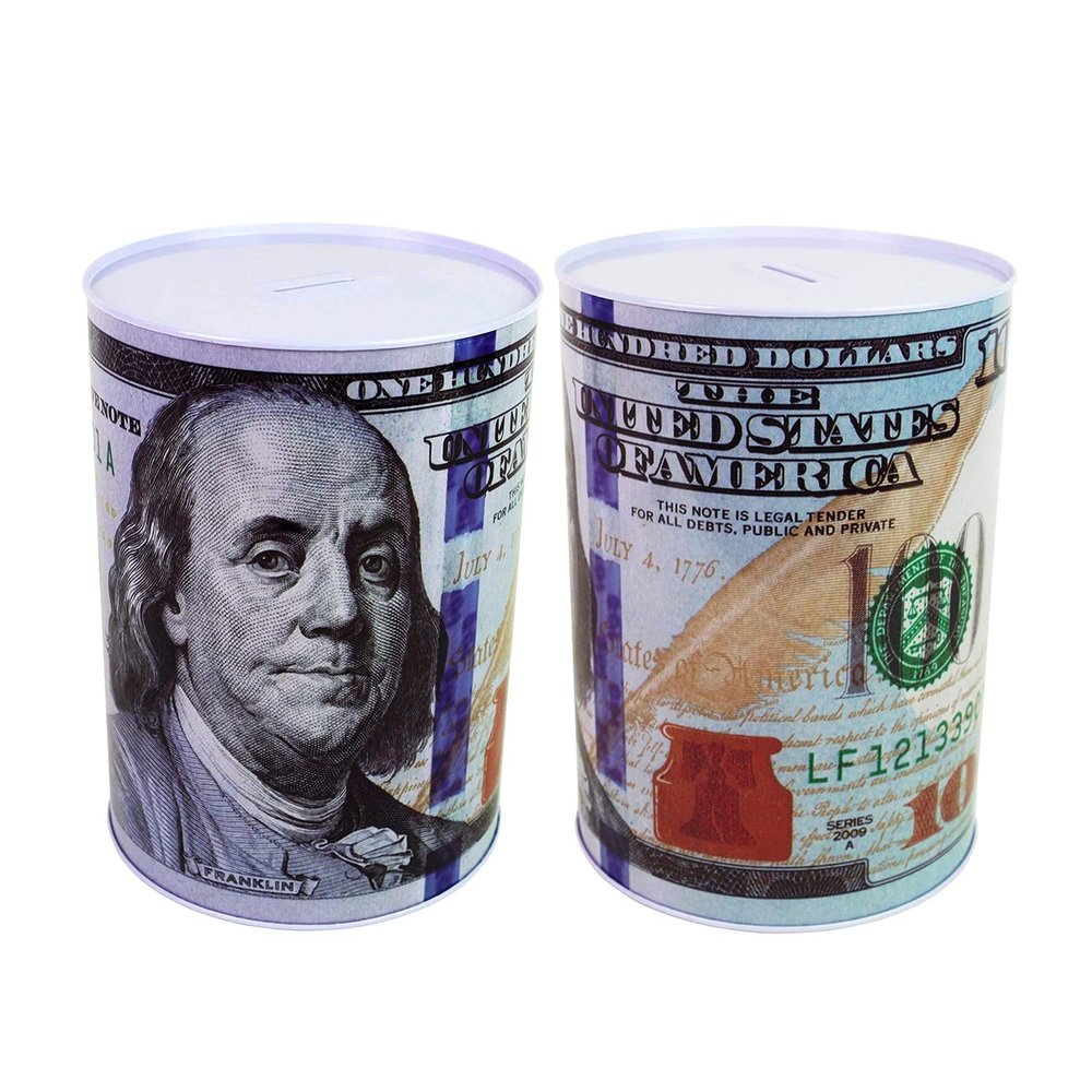 2 Pack of $100 Dollar Bill Piggy Bank 5 7/8" Tall Coin Saving Money Currency Benjamin Franklin Tin Can Banknote Jar