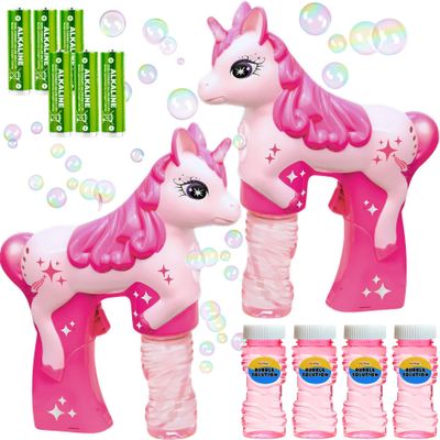 Unicorn Bubble Guns with Batteries 2-Pack Leak-Free Automatic Bubble Machine & Blower Toys for Toddlers & Kids | Bubble Shooter Set with Solution Included | Ready to Play & Newly Upgraded