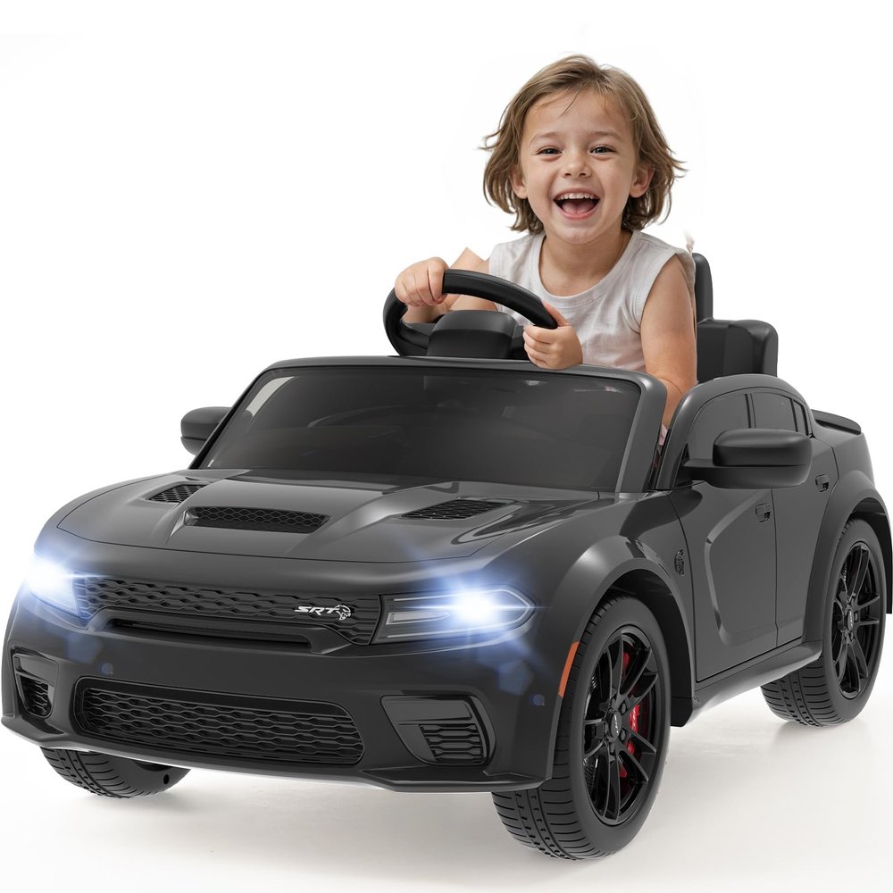 SEGMART 12V Ride On Car Licensed Dodge Charger SRT Hellcat Electric Car for Kids with Remote Control, 3-Speed Kids Electric Vehicle with Suspension System, LED Lights, MP3 & Bluetooth, Black