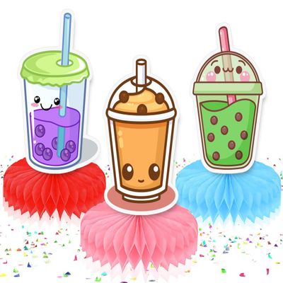 Boba Tea Centerpieces  5 pcs Honeycomb Bubble Tea Decorations for Birthday, Baby Shower, Summer Party and Kawaii Theme Supplies