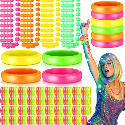 Batiyeer 48 Pcs 80s Neon Costume Accessories for Women, 24 Neon Plastic Bracelet and 24 Beads Necklace 80s Costume Accessories for Women Birthday Party Decor Supplies