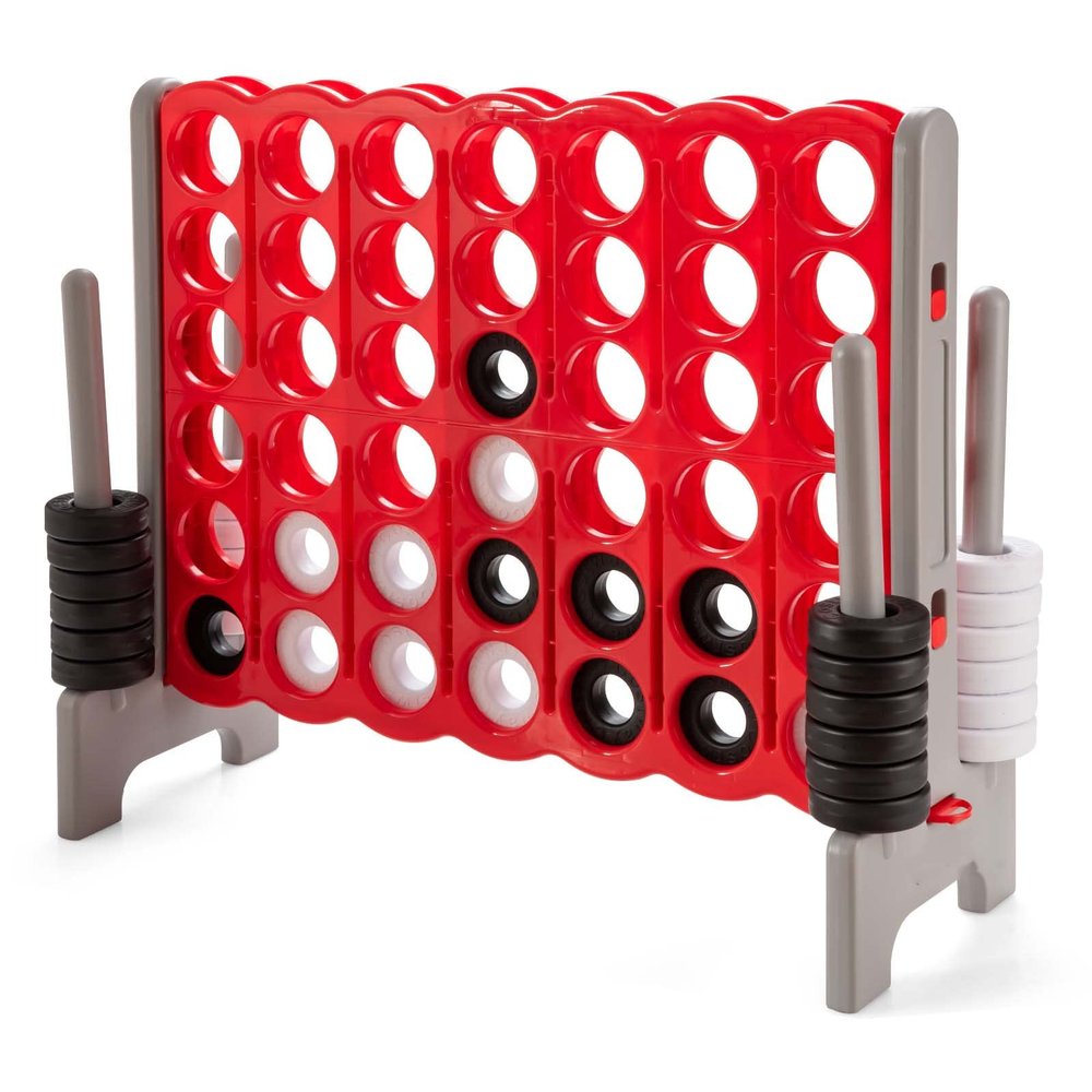 KOTEK Giant 4-in-a-Row Game, 3.5 Feet Tall Jumbo 4-to-Score Family Fun Game with Quick-Release Sliders & 42 Large Rings, Oversized Connect Plastic Yard Game Outdoor for Kids & Adults (Brown+Red)