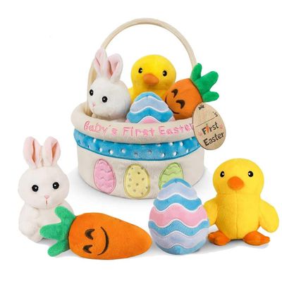 Baby's First Easter Basket Stuffers Playset, 5ct Stuffed Plush Bunny Chick Carrot Egg for Babies Girls Boys Kids Infant Toddler, Personalized Easter Decorations Gifts Party Supplies