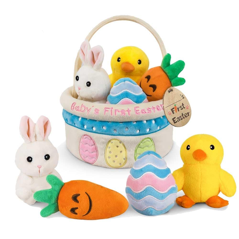 Baby's First Easter Basket Stuffers Playset, 5ct Stuffed Plush Bunny Chick Carrot Egg for Babies Girls Boys Kids Infant Toddler, Personalized Easter Decorations Gifts Party Supplies