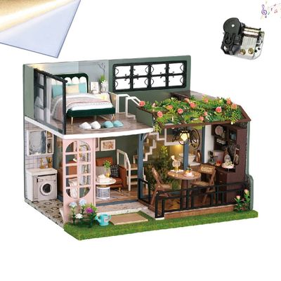 DIY Wooden Dollhouse Kit Plus Dust Proof and Music Movement, DIY Dollhouse Miniature with Furniture,Creative Room for Valentine's Day Gift Idea