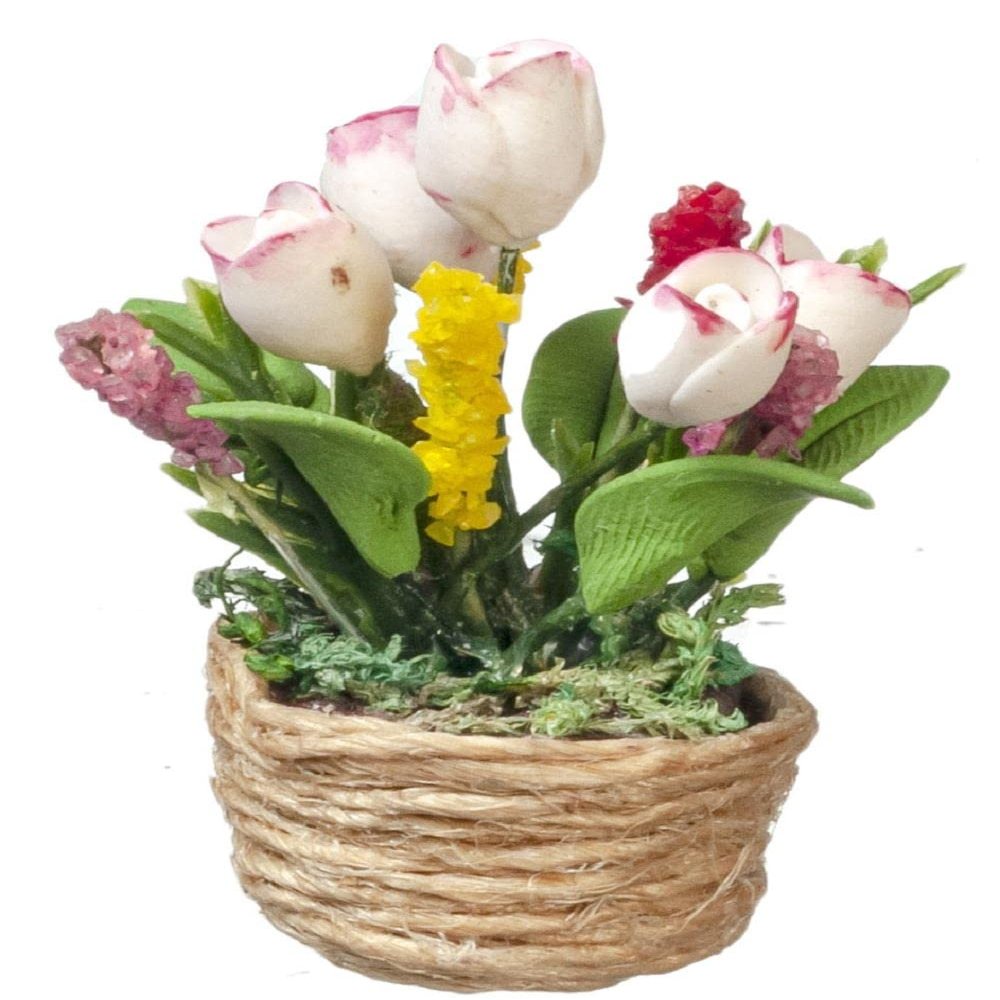 Melody Jane Dolls Houses Dollhouse Tulips in Rope Basket Miniature Flowers in Pot Home Garden Accessory