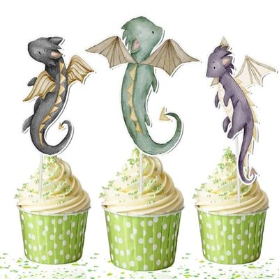 Dragon Cupcake Toppers 10 Pcs Baby Shower and Birthday Party Supplies with Cute Fantasy Dragons for Kids, Enchanted Forest, and Hatching Soon Party Decorations