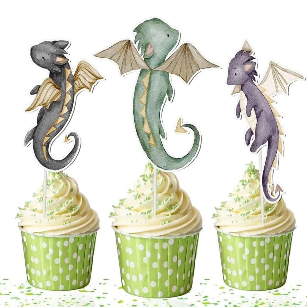 Dragon Cupcake Toppers 10 Pcs Baby Shower and Birthday Party Supplies with Cute Fantasy Dragons for Kids, Enchanted Forest, and Hatching Soon Party Decorations