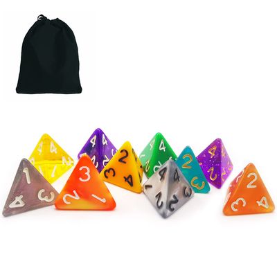 Bescon 10pcs Set of Polyhedral 4 Sided Dice Cube, 10 Count Assorted Random Multi Effected&Colored Pack of D4 in Drawstring Pouch