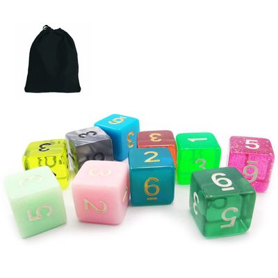 Bescon 10pcs Set of 6 Sided Dice (Numbered 1-6), 10 Count Assorted Random Multi Effected&Colored Pack of D6 in Drawstring Pouch