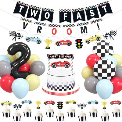 Bessmoso Vintage Two Fast Birthday Race Car Party Decorations Supplies Racing Theme 2nd Birthday Banner Cake Topper Checkered Flags Number Balloons for Let's go Racing Theme Sports Event Party Decor