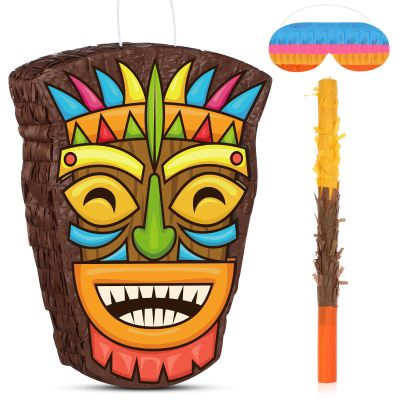 Threan Small Tiki Tropical Hawaii Piata with Blindfold Bat Aloha Luau Piata for Hawaiian Luau Themed Party Decoration Summer Birthday Party Supplies, 15.7 x 3.1 x 12.2 Inch