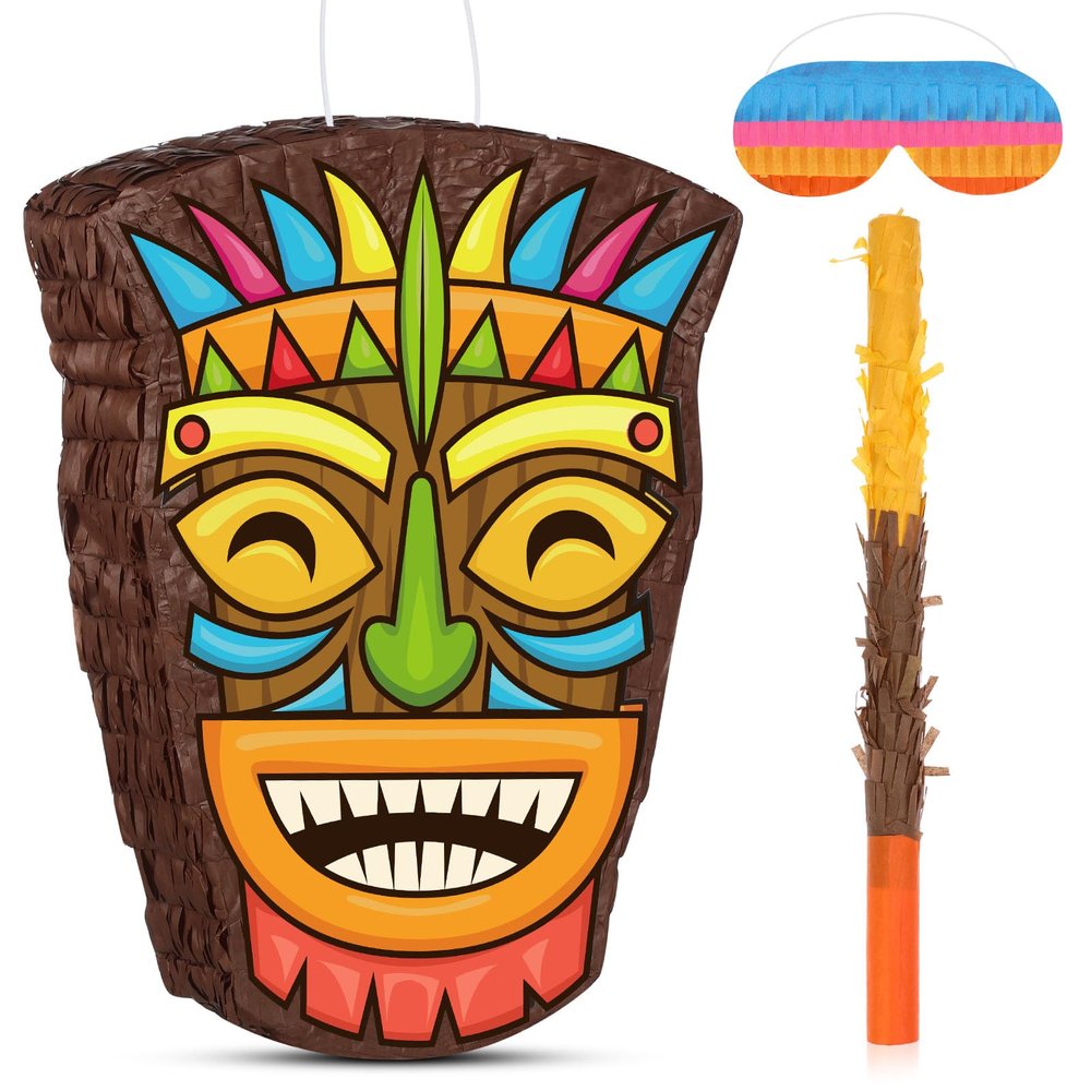 Threan Small Tiki Tropical Hawaii Piata with Blindfold Bat Aloha Luau Piata for Hawaiian Luau Themed Party Decoration Summer Birthday Party Supplies, 15.7 x 3.1 x 12.2 Inch