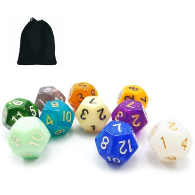 10pcs Set of 12 Sided Dice Cube (Numbered 1-12), 10 Count Assorted Random Multi Effected&Colored Pack of D12 in Drawstring Pouch