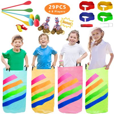 29PCS Potato Sack Race Bags, Egg and Spoon Race, Carnival Games 3-Legged Relay Race Bands, Outdoor Games for Kids and Adults (with Game Prizes & Whistles), Outside Yard Lawn Birthday Party Games