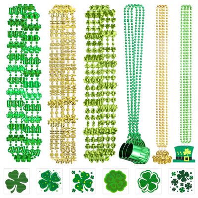 Whaline 18Pcs St. Patrick's Day Bead Necklaces and 30Pcs Shamrock Tattoo Stickers Green Gold Pendant Necklaces Bundle for Irish Holiday Party Costume Accessories