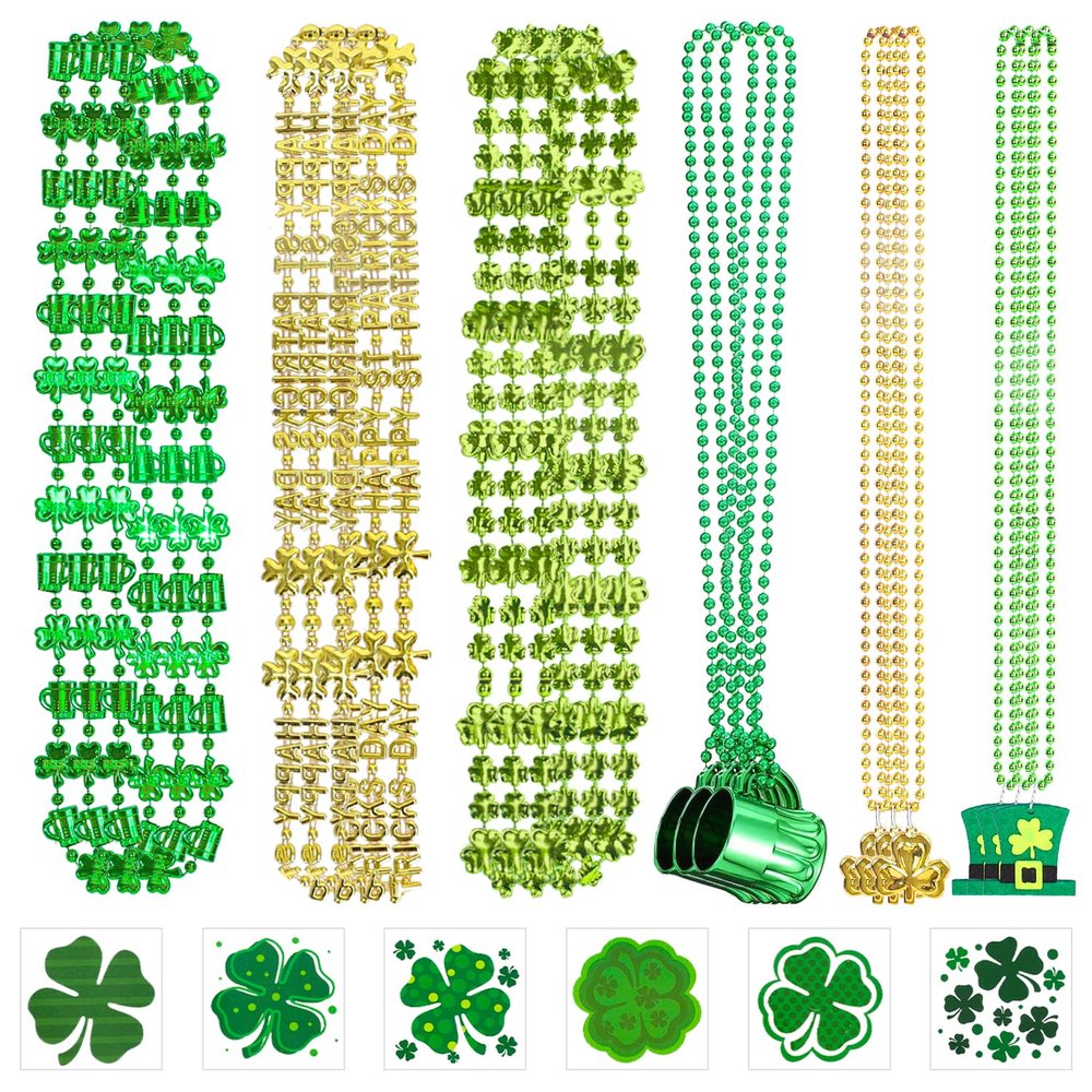 Whaline 18Pcs St. Patrick's Day Bead Necklaces and 30Pcs Shamrock Tattoo Stickers Green Gold Pendant Necklaces Bundle for Irish Holiday Party Costume Accessories