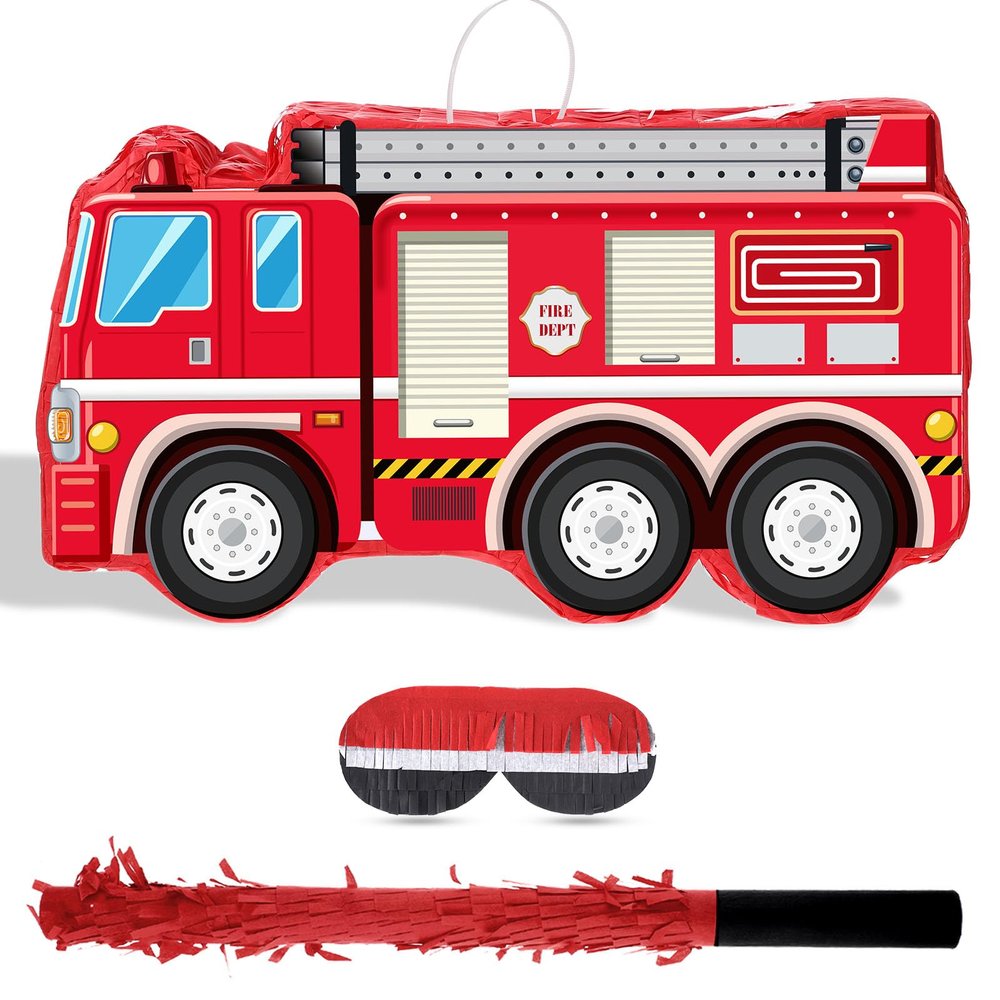 Fire Truck Piata with Hanging Loop Blindfold Bat and Confetti Filler for Kids Boys Firefighter Firetruck Theme Birthday Party Decorations Supplies, 16.14 x 8.9 x 3.15 Inches
