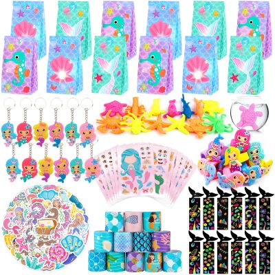 Mermaid Party Favors, 12 Pack Mermaid Birthday Party Supplies - Goodie Bags, Stickers, Scratch Art, Rings, Slap Bracelets, Keychains, Grow Animals for Party Decorations, Pinata Stuffers