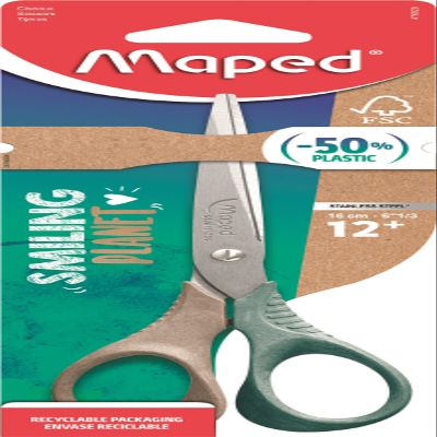 Maped - Shape Smiling Planet Scissors - Responsible Scissors - Stability and Precision - 50% FSC Certified Wood Fibre Rings - 3D Ergonomics - 16cm Stainless Steel Blade