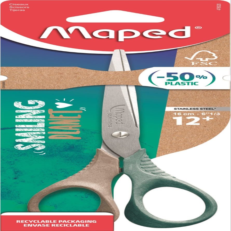 Maped - Shape Smiling Planet Scissors - Responsible Scissors - Stability and Precision - 50% FSC Certified Wood Fibre Rings - 3D Ergonomics - 16cm Stainless Steel Blade