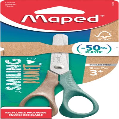 Maped - School Supplies Scissors - Smiling Planet Collection - Children's Scissors 12 cm - Ergonomic Rings for a Secure Grip - Rounded Tips - Made of Wood Fibre