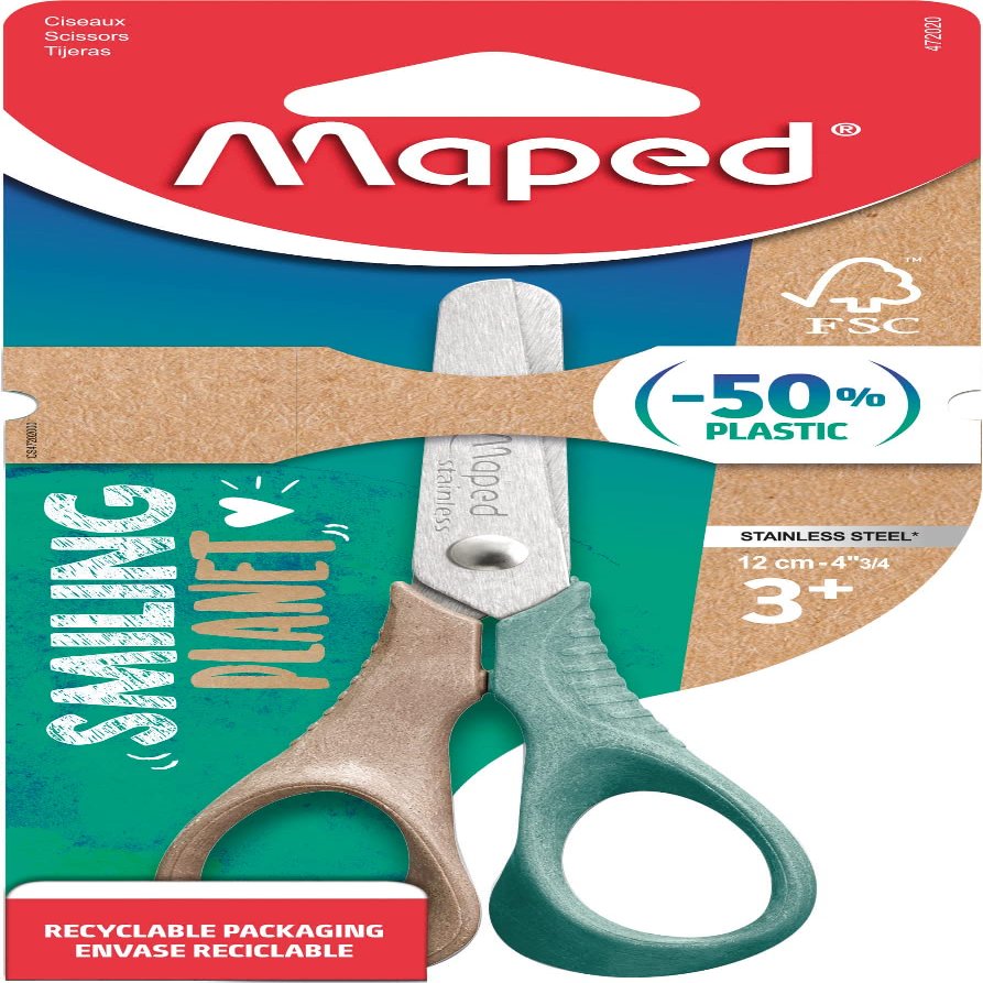 Maped - School Supplies Scissors - Smiling Planet Collection - Children's Scissors 12 cm - Ergonomic Rings for a Secure Grip - Rounded Tips - Made of Wood Fibre