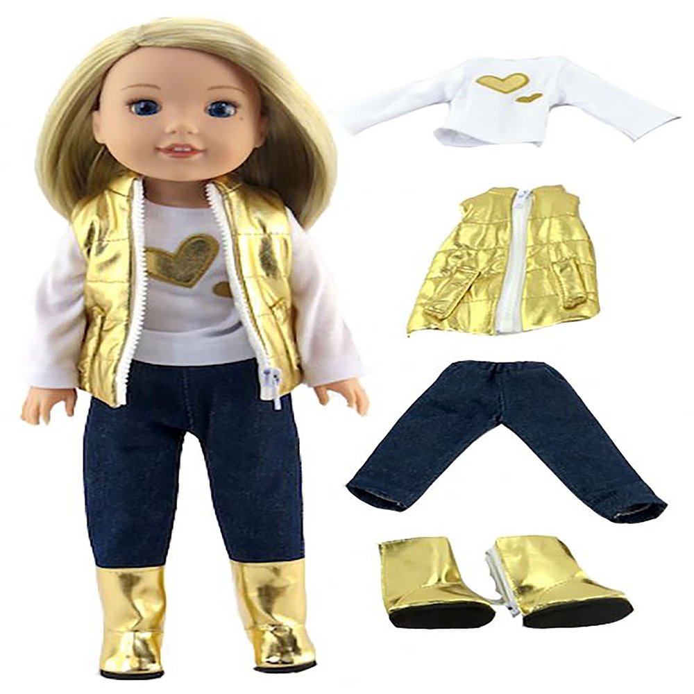 American Fashion World Gold Heart Vest Outfit for 14-Inch Dolls | 4 Piece Set | Premium Quality & Trendy Design | Dolls Clothes | Outfit Fashions for Dolls for Popular Brands