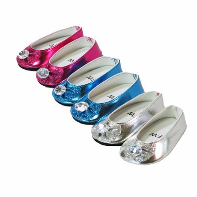 American Fashion World Pink, Blue, and Silver Glitter Bow Flats for 18-Inch Dolls | 3 Piece Set | Premium Quality & Trendy Design | Dolls Shoes | Shoe Fashion for Dolls for Popular Brands