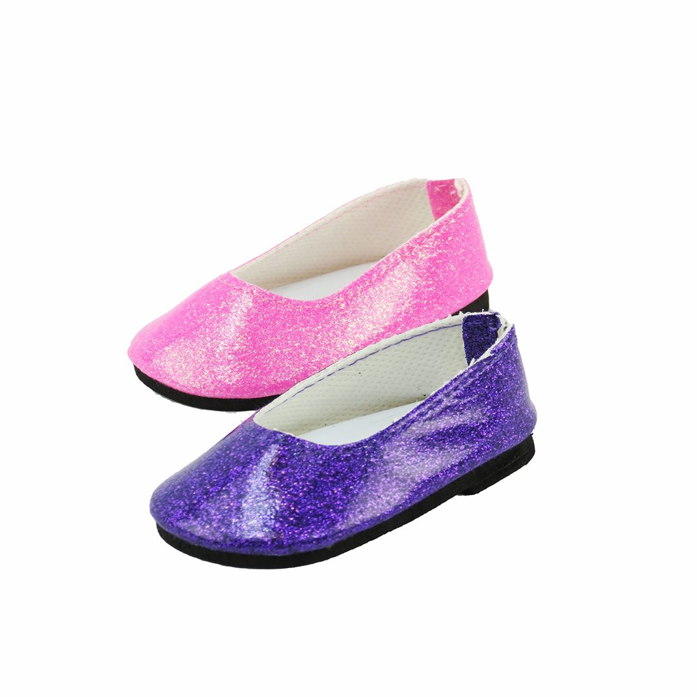 American Fashion World Pink and Purple Glitter Flats for 18-Inch Dolls | Premium Quality & Trendy Design | Dolls Shoes | Shoe Fashion for Dolls for Popular Brands