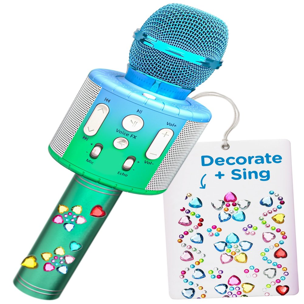 Move2Play, Kids Karaoke Microphone | Includes Stickers & Bluetooth | Kids Birthday Gift | Toy for All Ages 2, 3, 4, 5, 6+ Year Old Girls, Boys & Toddlers (Blue/Green)