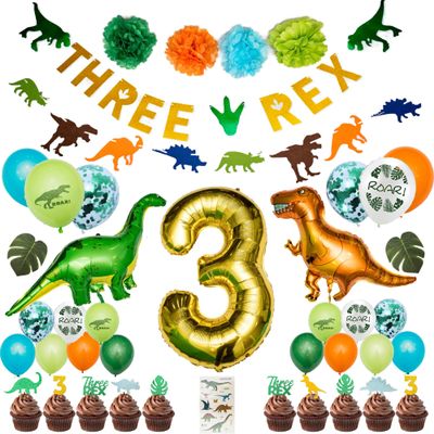 Three Rex Birthday Party Decorations for Boys 3rd B-day Dinosaur Theme w/ Banners & Balloons Three Rex Party Supplies for Boys Dino Celebration