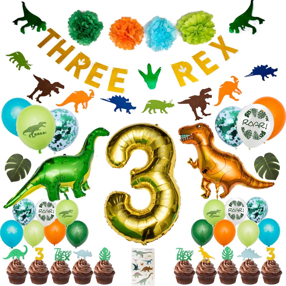 Three Rex Birthday Party Decorations for Boys 3rd B-day Dinosaur Theme w/ Banners & Balloons Three Rex Party Supplies for Boys Dino Celebration