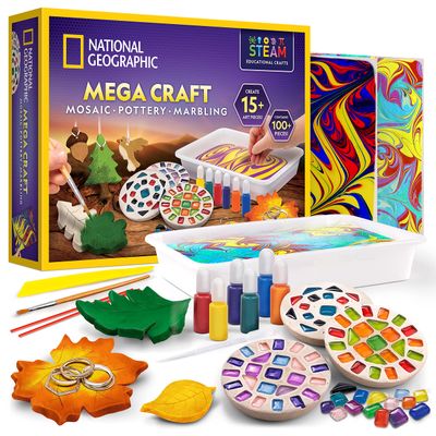 National Geographic Mega Arts and Crafts Kit for Kids Mosaic Kit, Marbling Paint Kit & Air Dry Clay Pottery Kit Art Projects for Kids Ages 8-12, Crafts for Girls and Boys (Amazon Exclusive)