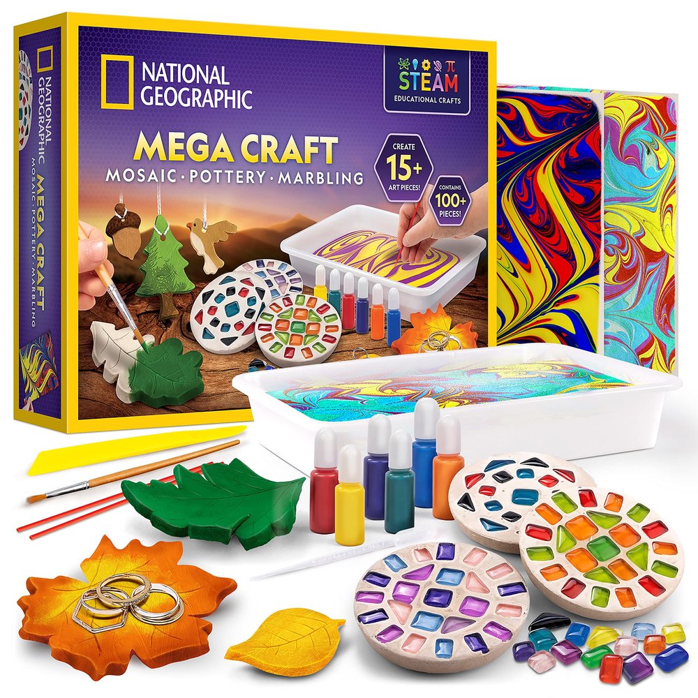 National Geographic Mega Arts and Crafts Kit for Kids Mosaic Kit, Marbling Paint Kit & Air Dry Clay Pottery Kit Art Projects for Kids Ages 8-12, Crafts for Girls and Boys (Amazon Exclusive)