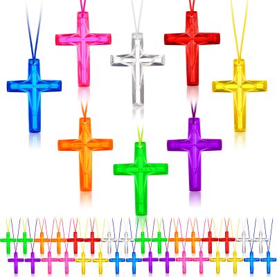 Junkin 96 Pcs Easter Plastic Cross Necklaces Crystal Mini Crosses Necklace Bulk Christian Religious Party Favors Sunday School Prizes for Adults Bible Toys Church Gift, 8 Color(Classic Color)