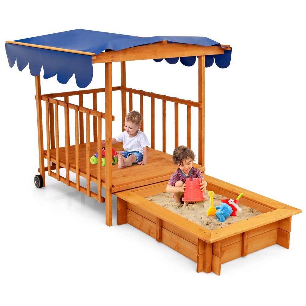 HONEY JOY 3 in 1 Kids Sandbox with Playhouse and Canopy, Wooden Cedar Bottomless Sand Pit for Backyard w/Wheels, Guardrails & Cover, Portable Sand Boxes for Kids Outdoor with Lid