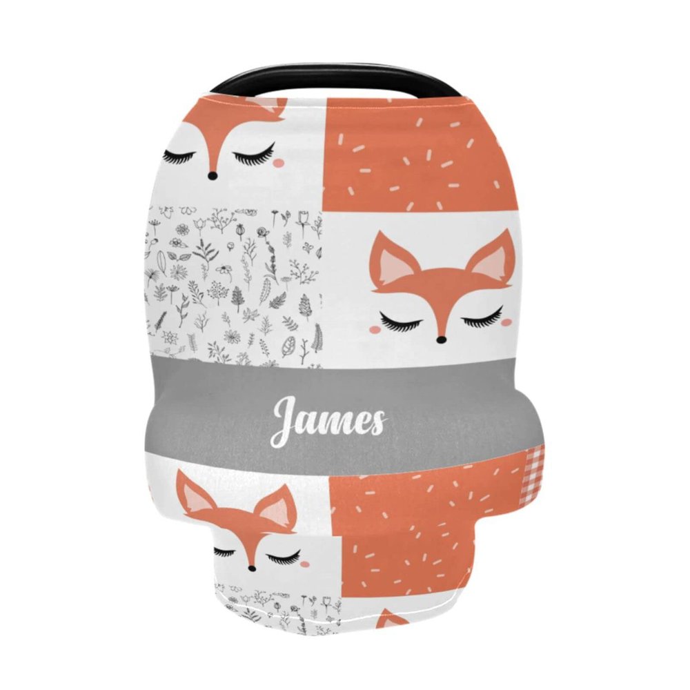 Customized Baby Name Car Seat Cover for Girls, Personalized Cartoon Fox Infant Stroller Canopy Multi Use Nursing Covers Soft Breathable Breastfeeding Scarf, Shower Gift for Newborn Infant