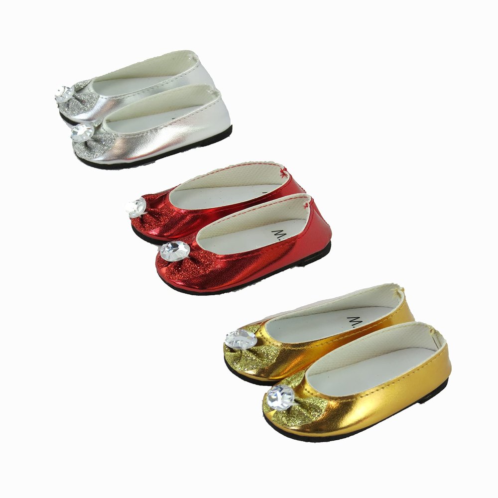 American Fashion World Red, Gold, and Silver Glitter Bow Flats for 18-Inch Dolls | 3 Piece Set | Premium Quality & Trendy Design | Dolls Shoes | Shoe Fashion for Dolls for Popular Brands